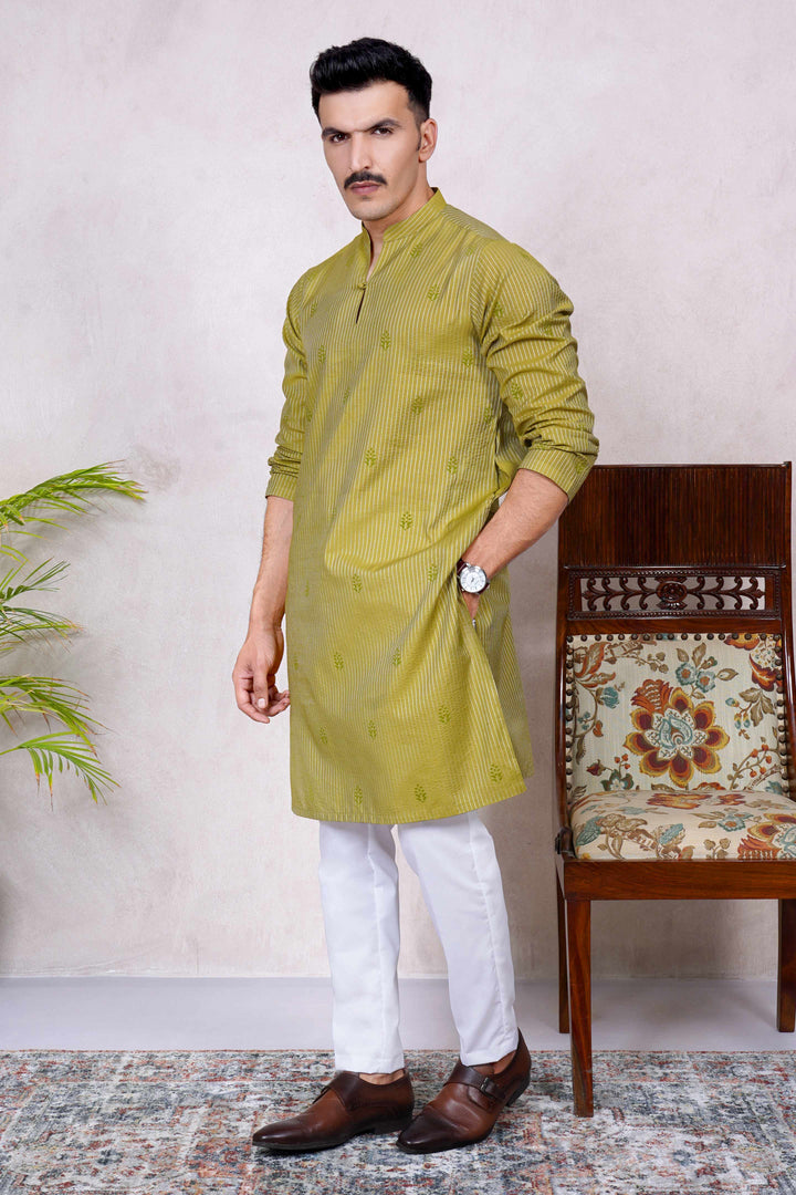 Festive Jamawar Block Print Mehandi Green Kurta