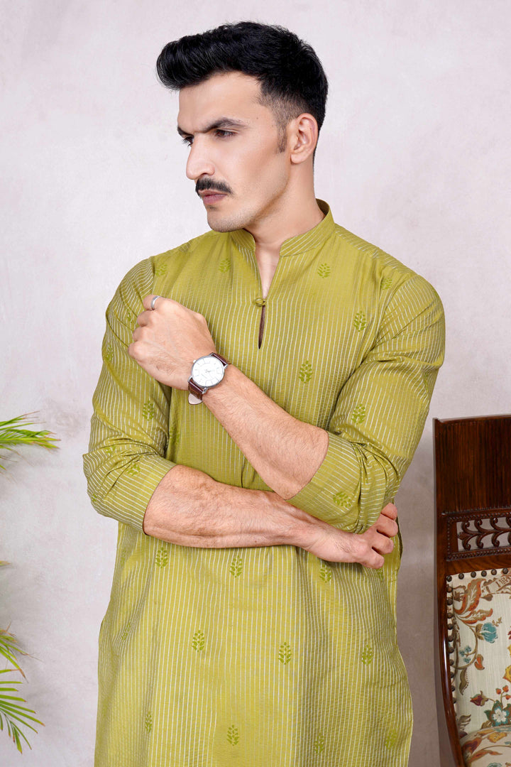 Festive Jamawar Block Print Mehandi Green Kurta