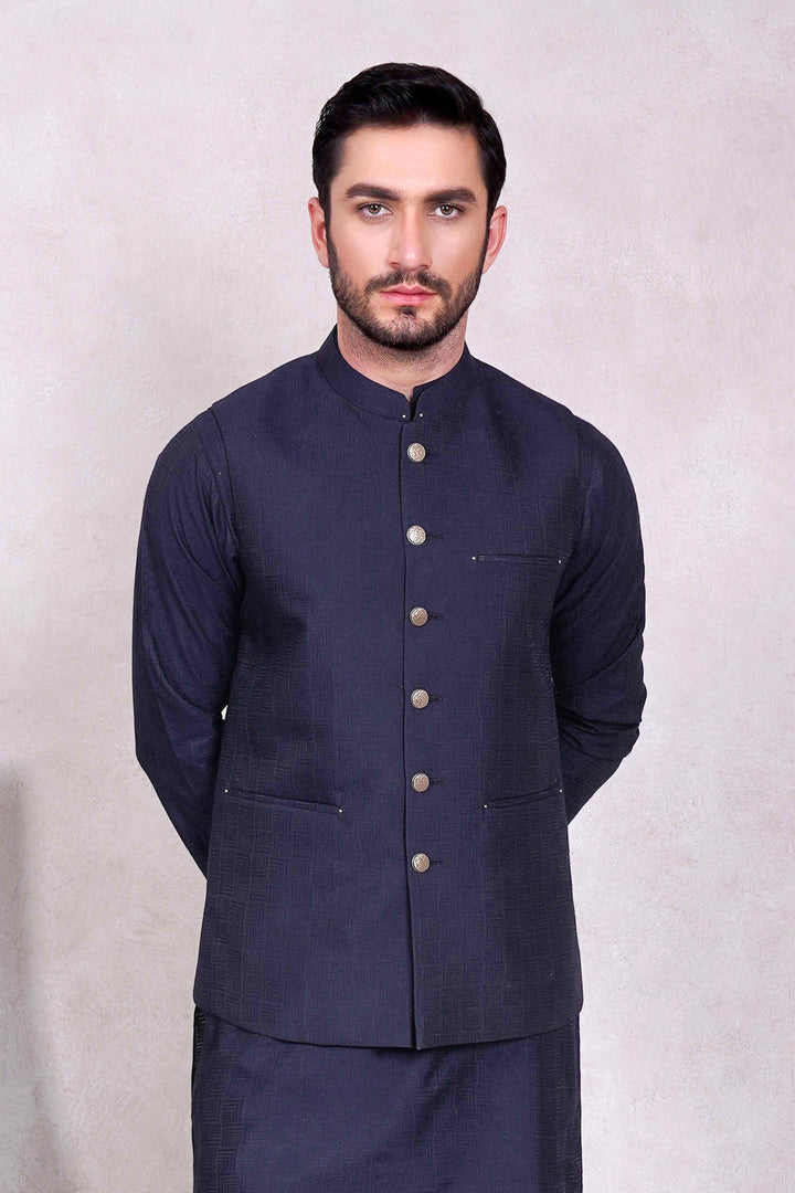 Justuju Geometric Karandi Navy Waistcoat