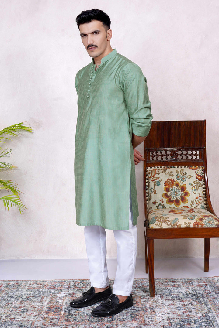 Festive Jamawar Striped Sea Green Kurta