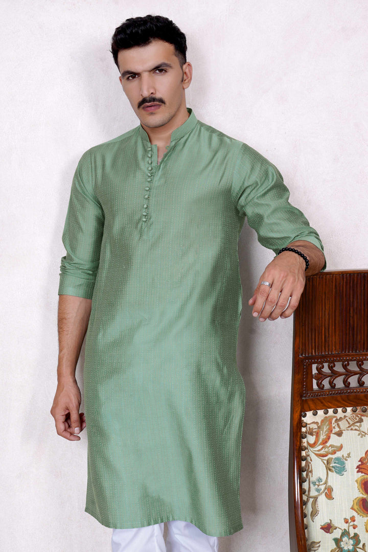 Festive Jamawar Striped Sea Green Kurta