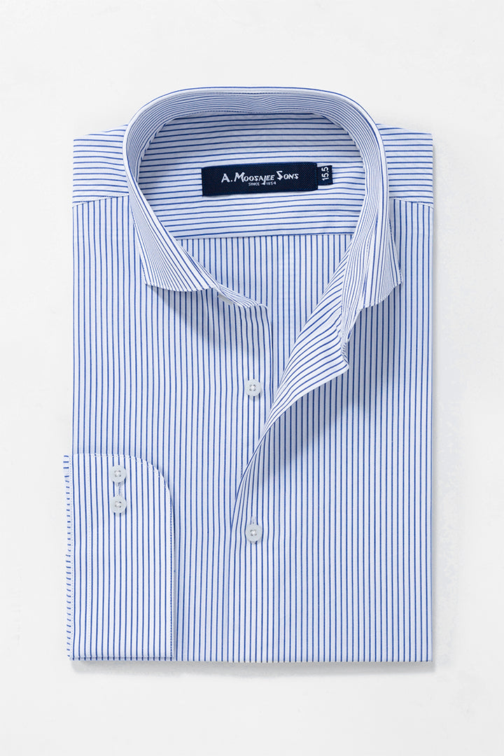 White Blue Mid Stripe Formal Mercerized Cotton Shirt