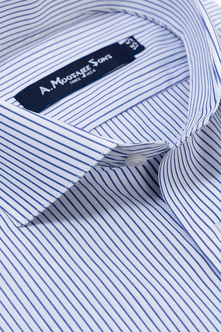 White Blue Mid Stripe Formal Mercerized Cotton Shirt