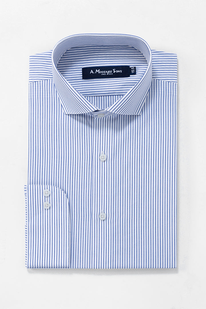 White Blue Mid Stripe Formal Mercerized Cotton Shirt