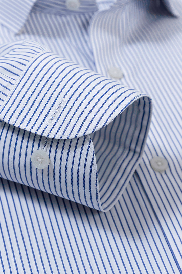 White Blue Mid Stripe Formal Mercerized Cotton Shirt