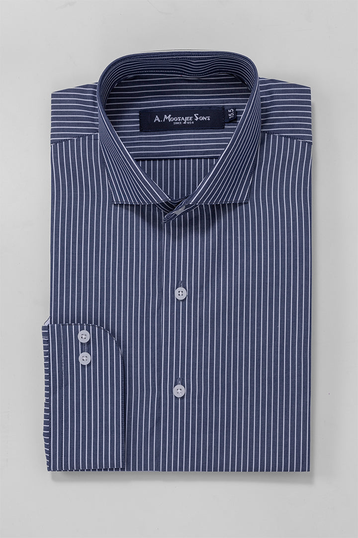 Navy White Mid Stripe Formal Mercerized Cotton Shirt