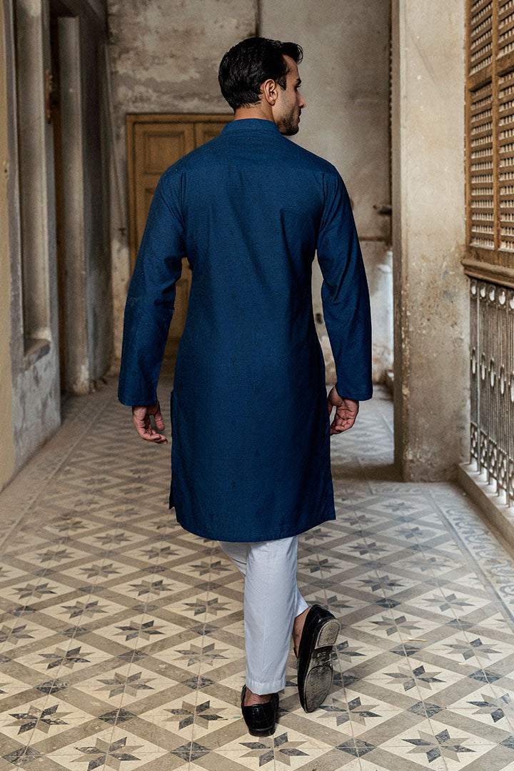 Abstract Jacquard Prussian Blue Kurta