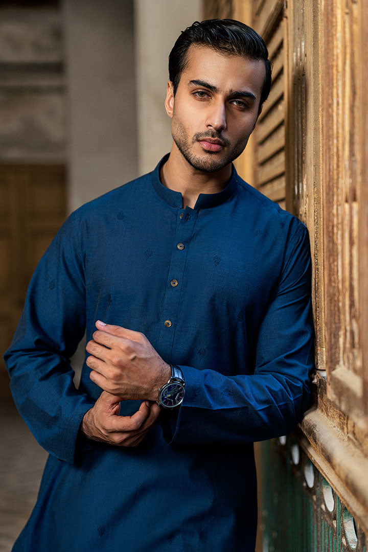 Abstract Jacquard Prussian Blue Kurta