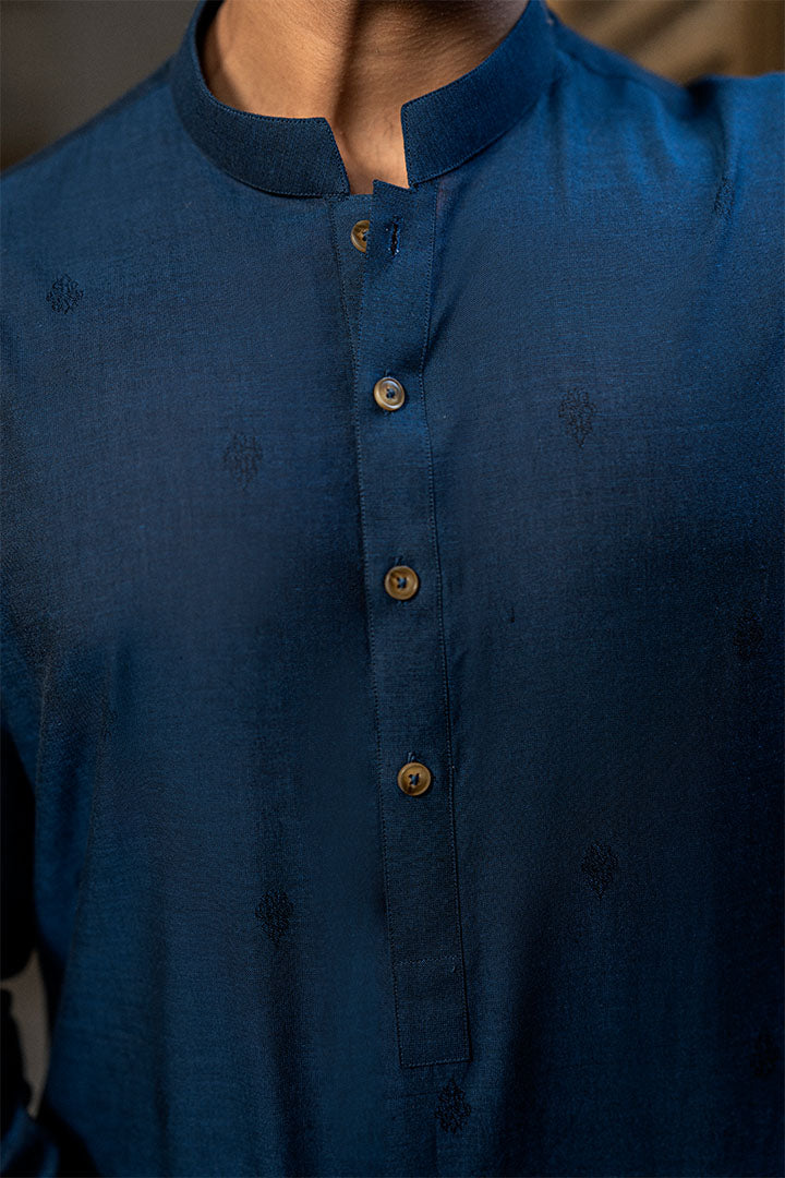 Abstract Jacquard Prussian Blue Kurta