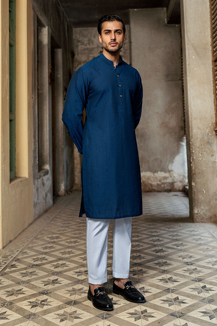 Abstract Jacquard Prussian Blue Kurta